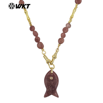 WT-N1522 Wonderful Stone Beads Splicing Metal Gold Chain With Natural Gemstones Fish Shape Pendant Necklaces For Women Gift