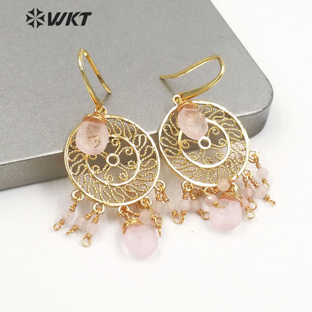 WT-E695 Bohemia Fashion Gold Gypsy Earrings with Natural Gemstone Made Dangle Earrings Handmade DIY Stone Hoop Earrings