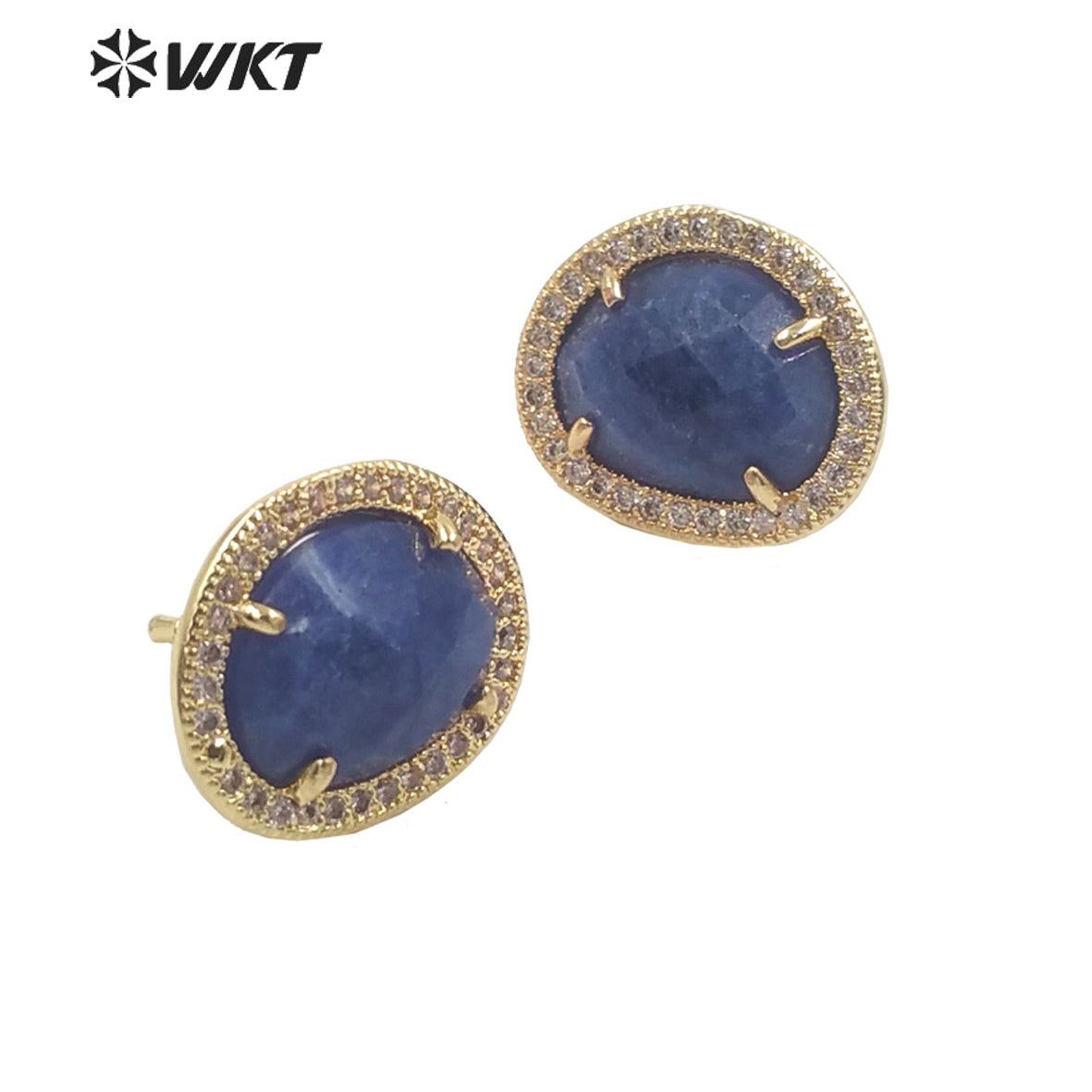 WT-ME085 WKT Natural Gemstone With Micropaved Cubic Zircon Studs Precious Birthday Stone Studs for Friend Gift