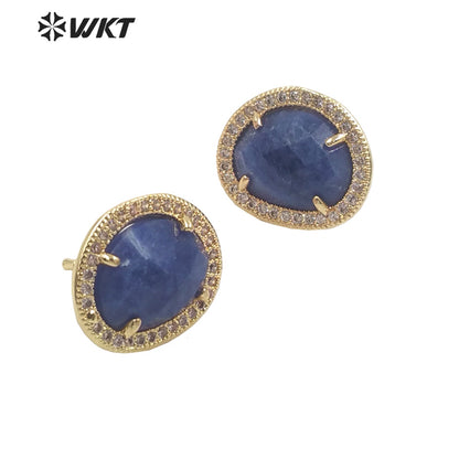 WT-ME085 WKT Natural Gemstone With Micropaved Cubic Zircon Studs Precious Birthday Stone Studs for Friend Gift