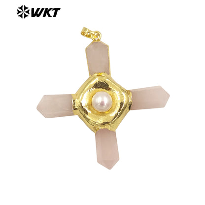 WT-P1967 Wholesale Fashion Gold Plated Cross Healing Energy Gemstone Point Anchor Pendants Special Rose Quartz Jewelry