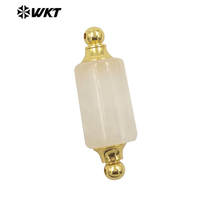 WT-P1981 Wholesale Newest Double Loops Round Cube Natural Rose Quartz Precious Stone Bottle Necklace Connector
