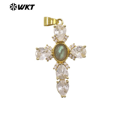 WT-MP320 New Arrival 18K Gold Plated Natural Stones And Zircon Cross Pendants For Lady Trendy Necklace DIY Accessories