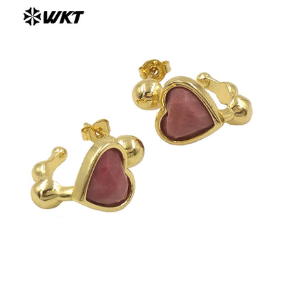 WT-E777 Wholesale New Design Lovely Lady Heart Gemstone Setting Crescent Horn Earring Studs