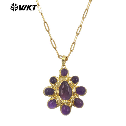 WT-N1528 High Quality Gold Electroplated Amethyst Natural Gemstones Pendants Necklaces For Women Unique Jewelry Present