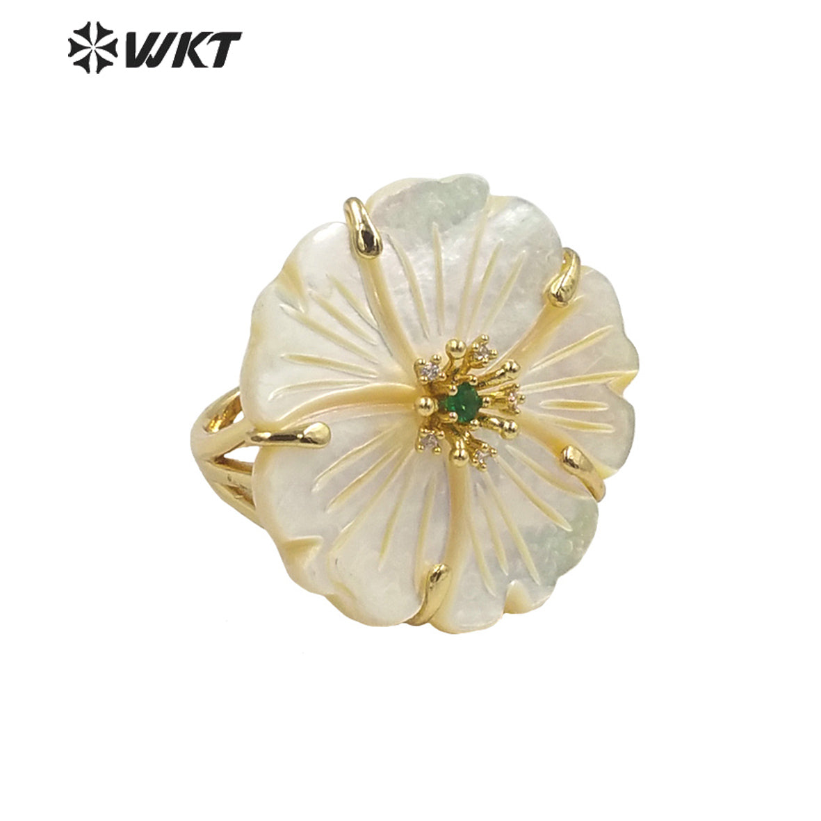 WT-MPR069 Gorgeous Trendy Fashion Natural White Shell and Zircon Flower Shaped Ring for Women Lucky Unique Design Ring
