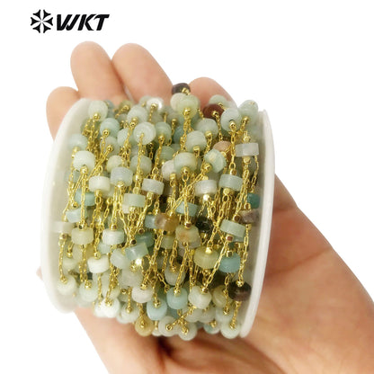 WT-RBC135 Fashion Accessory Stone Beads Chain 6mm Natural Stone Beads Rosary Necklace Chain Gold Plated Jewelry Beads Chain
