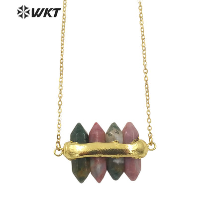 WT-N1460 WKT NEW Design Double Gemstone Point Rose Quartz Amethyst Energy Lucky Stone Necklace Many Colors Available