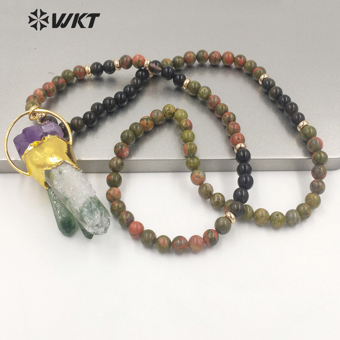 WT-N1340 WKT Natural Special Irregular Cluster Quartz Pendant Necklace With Colored Beads Big Wedding Party Necklace Jewelry