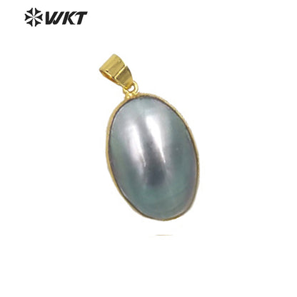 WT-JP338 Wholesale Fashion Gold Bezel Brightly Natural Mabe Shell Pendant Long Oval pink Shell Jewelry Pendant for Friend Gift