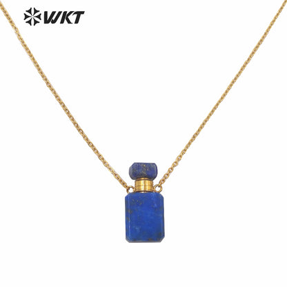 WT-N1239 Amazing Gold Electroplated Mini Cabochon Faceted Natural Stone Perfume Bottle Necklace Women Hot Essential Oil Necklace