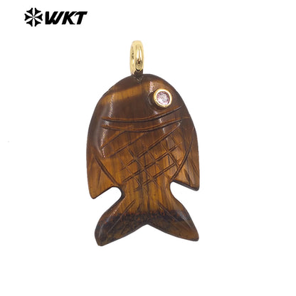WT-P2137 Hot Sale Multi Natural Gemstones Setting In Zircon Gold Fish Shape Pendants As Women Fashion Necklace Accessories