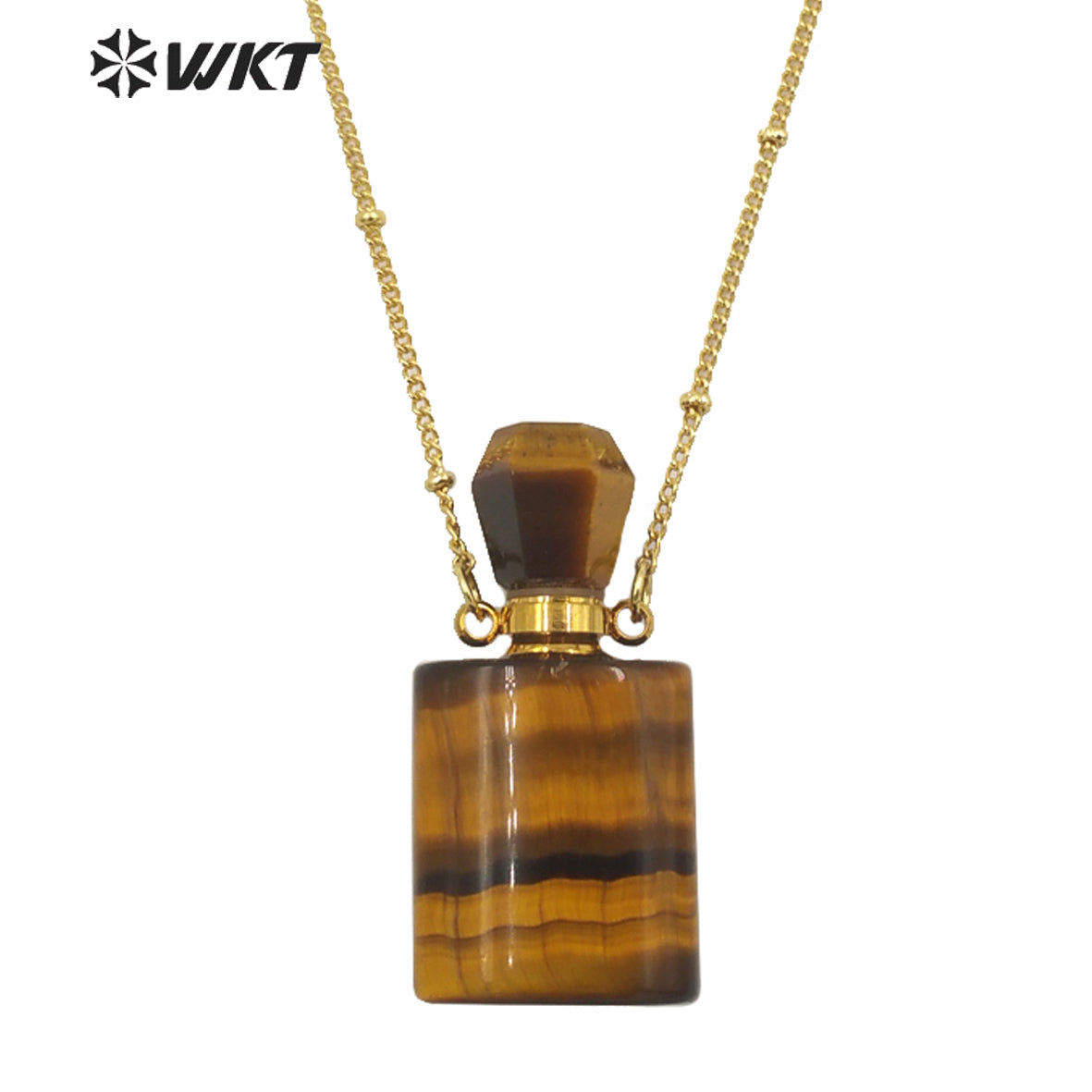 WT-N1285 Wholesale Gold Plated Natural Stone Rose Quartz square Essencial Oil Bottle Necklace Double Loop Perfume Necklace