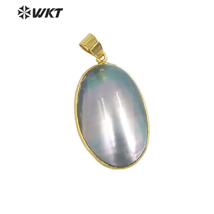 WT-JP338 Wholesale Fashion Gold Bezel Brightly Natural Mabe Shell Pendant Long Oval pink Shell Jewelry Pendant for Friend Gift