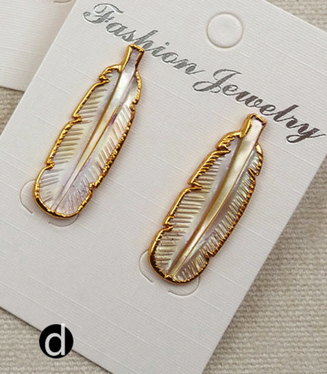 WT-E355 Amazing Hand Carved Natural Abalone Feather Studs Earrings, 24k Gold Trim Shell Feather Studs Earring