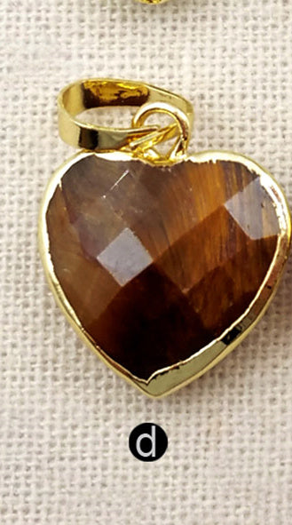 WT-P1306 Real Natural Black Agate Tigers Eye Pendant Heart Faceted Pendant With Real Gold Electroplated Gemstone Pendant