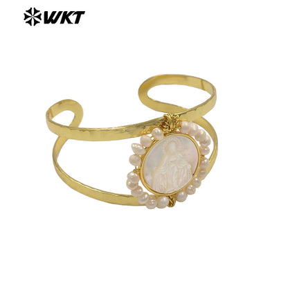 MPB132 Wholesale Religious Gold Plated Double Layers Hand Carved Shell And Pearl Adjustable Bangles As Ladies Party Present