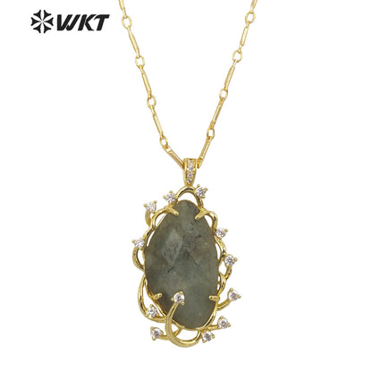 WT-N1351 Wholesale Fashion Gold Plated Natural Gemstone Bezel Setting Pendant Necklace Women Gorgeous Micro Pave Stone Necklace