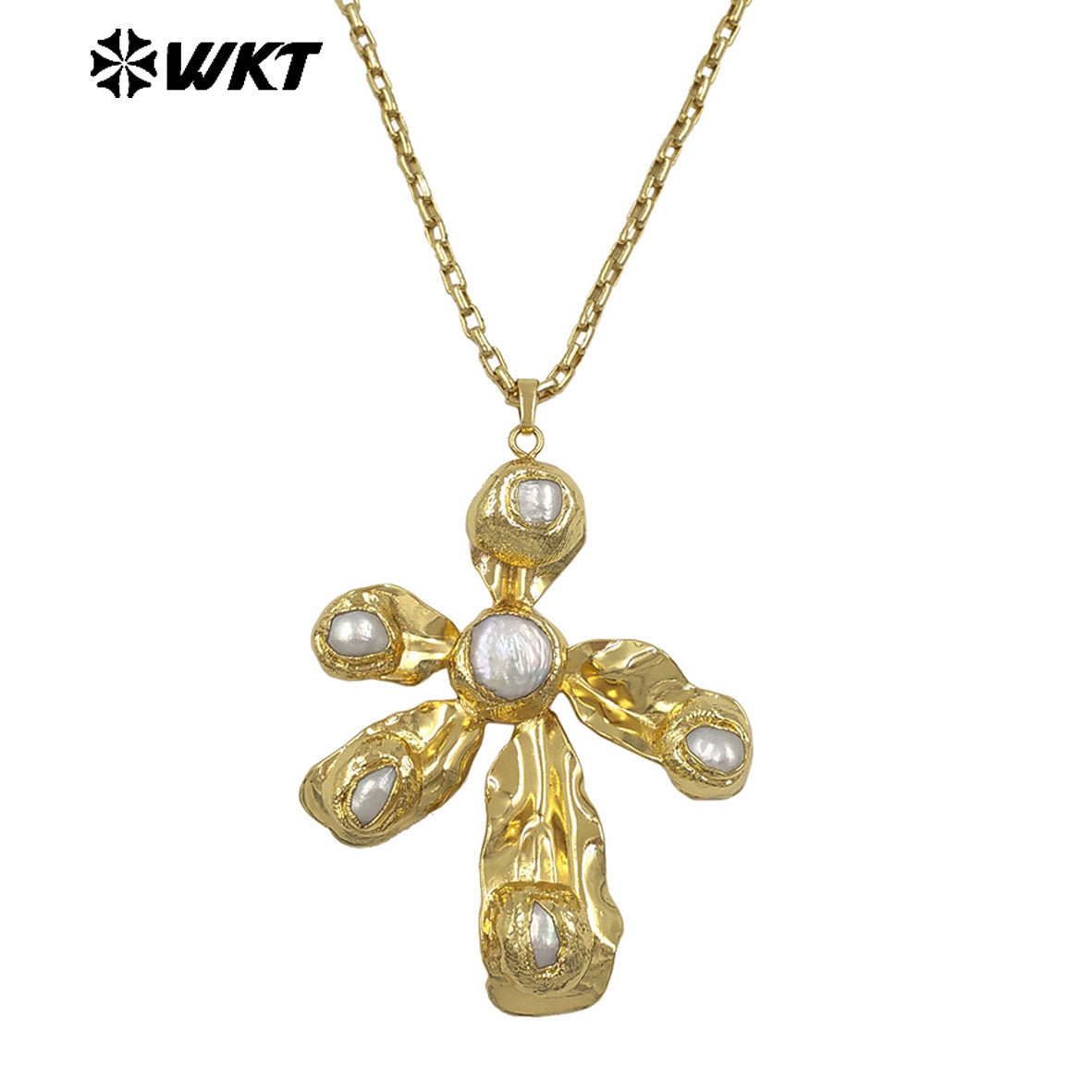 WT-JN361 Wholesale 18K Gold Plated Natural Freshwater Pearl And Zircon Windmill Shape Pendant Necklace For Women Fashion Match