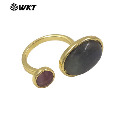 WT-R588 Wholesale Trendy Gold Electroplated Double Natural Gemstones Adjustable Rings As Lady Daily Decoration Jewelry