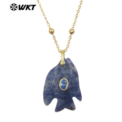 WT-N1511 Ocean Series Bead Chain And Zircon Setting In Natural Gemstones Fish Shape Pendant Necklace As Lady Trendy Matching