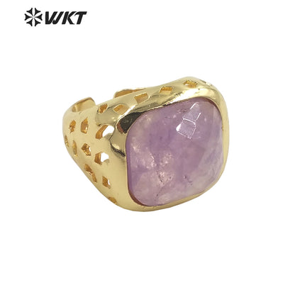 WT-R442 Wholesale Fashion 18k Gold Plated Resist Tarnishable square Gemstone Women Ring Amethyst Bezel Setting Jewelry Ring