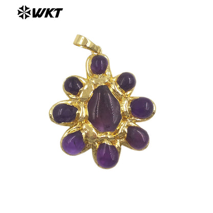 WT-P2085 Exclusive Charms Back Full Gold Plated Various Natural Gemstones Flower Big Pendants For Elegant Necklace Making