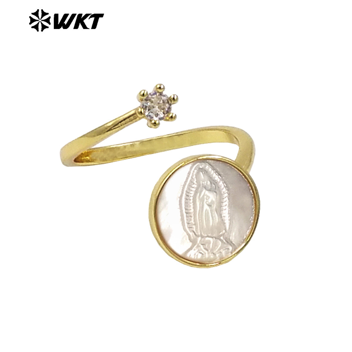 WT-MPR092 WKT New Christian Jewelry Design 18K Gold Plated Adjustable Religious Virgin Mary Ring With Zircon Stone