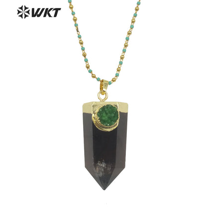 WT-N1289 Charming 18k Real Gold Plated Smoky Quartz with Druzy Hexagon Quartz Point Necklace Populared Spirit Quartz Necklace