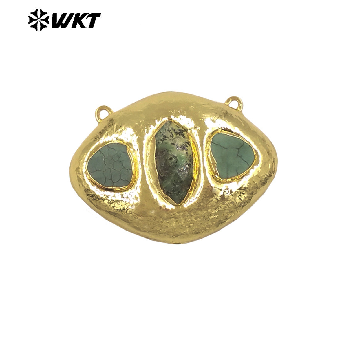 WT-C338 Wholesale Gold Electroplated Three Natural Gemstones Oval Charms Connectors With Double Hoops For Bracelets DIY Design