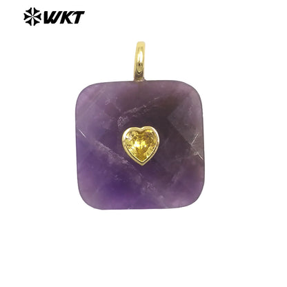 WT-P2105 Fashionable Heart Zircon And Multiple Natural Gemstones Facet Square Gold Pendants For Women Necklaces Design