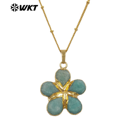 WT-N1497 New Fashion Beads Chain With Gold Plated Natural Gemstone Flowers Shape Pendant Necklace As Lady Birthday Gift