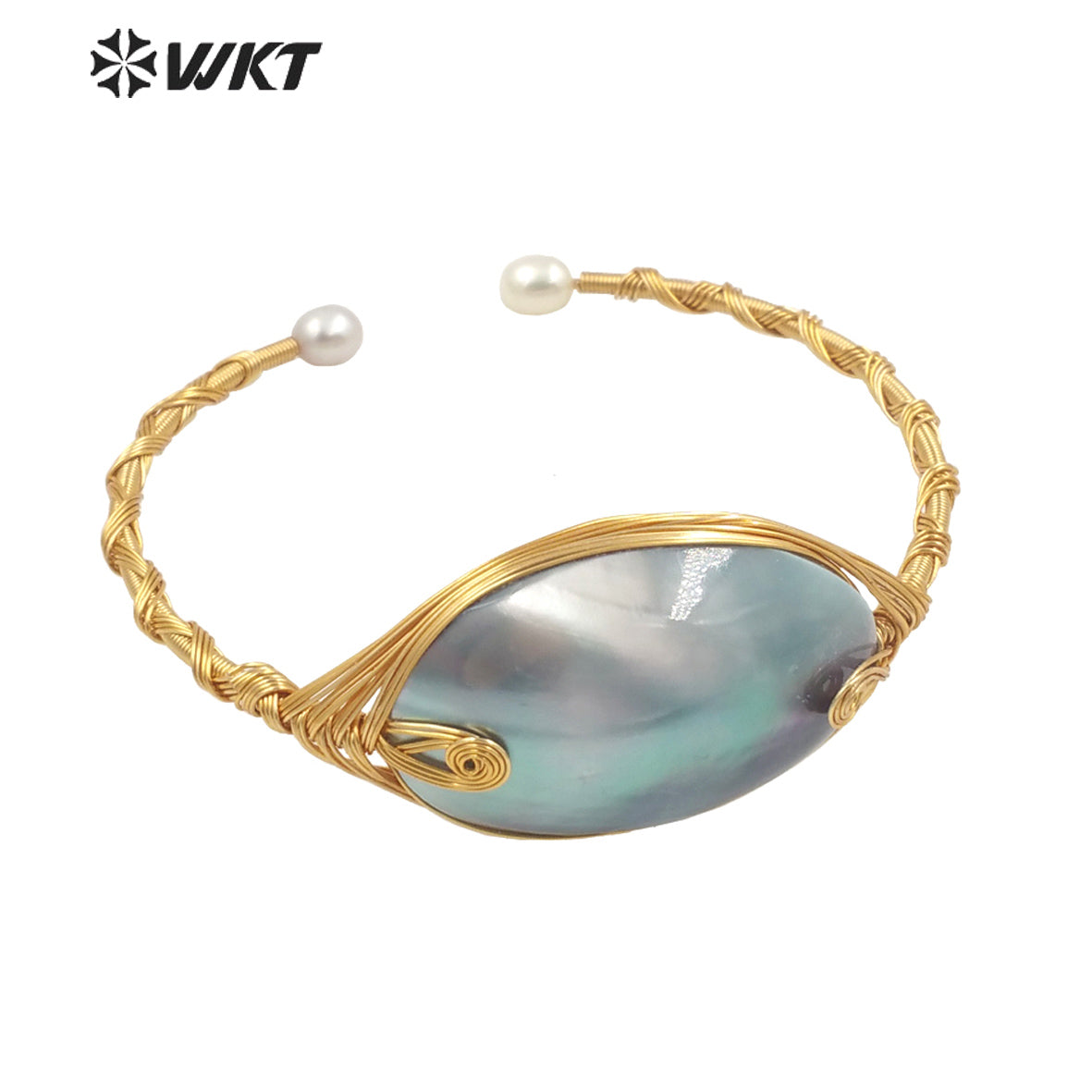 WT-MPB049 Statement Fashion Coil Yellow Brass Delicate Bangle Mother of Pearl Women Pendant Bangle