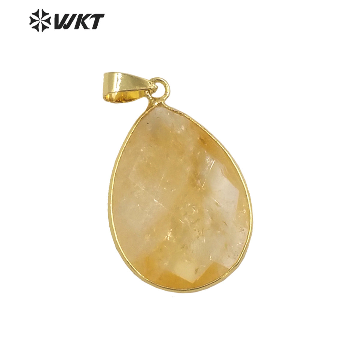 WT-P1896 WKT New Material Design 24MM Diamond Faceted Waterdrop Yellow Citrine Fluorite Stone Pendant for Earring Match