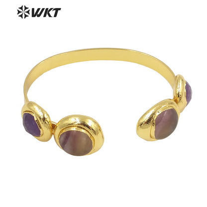 WT-B592 WKT 2022 Fashion Jewelry Sun Stone Amethyst Black Obsidian Adjustable Gold Bangle Natural Triple Stone Bangle
