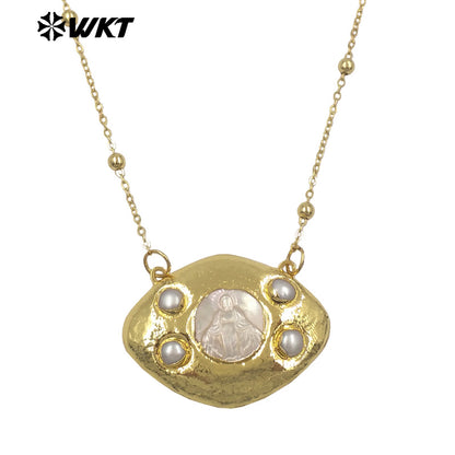 WT-JN391 High Quality Thin Bead Chain With Gold Electroplated Religious Patterns MOP Charms Necklaces For Lady Fashion Jewelry