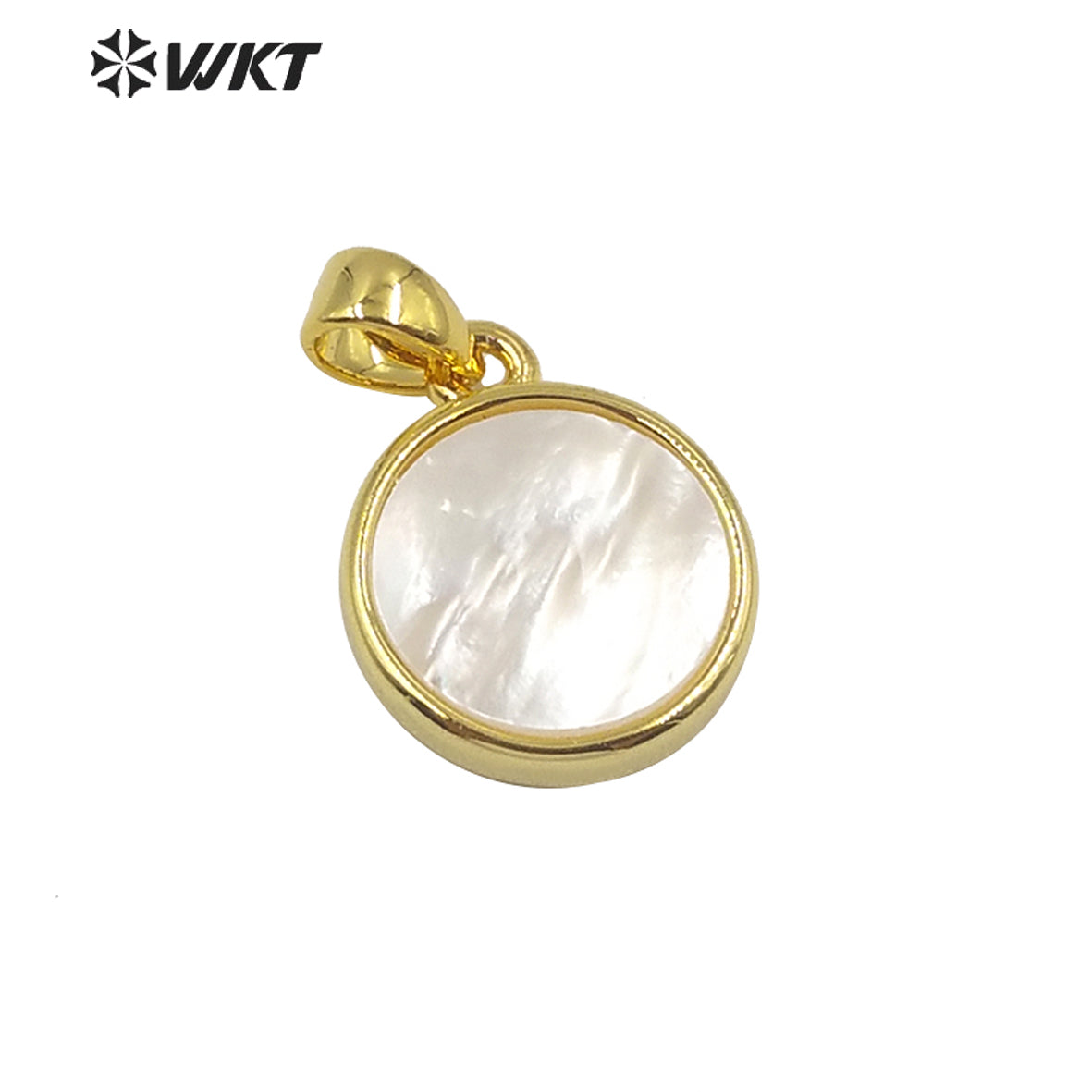 WT-JP186 Newest Stylish Gold Bezel Round Shell Pendant Elegant Tiny Charm Jewelry Round Natural Shell Pendant