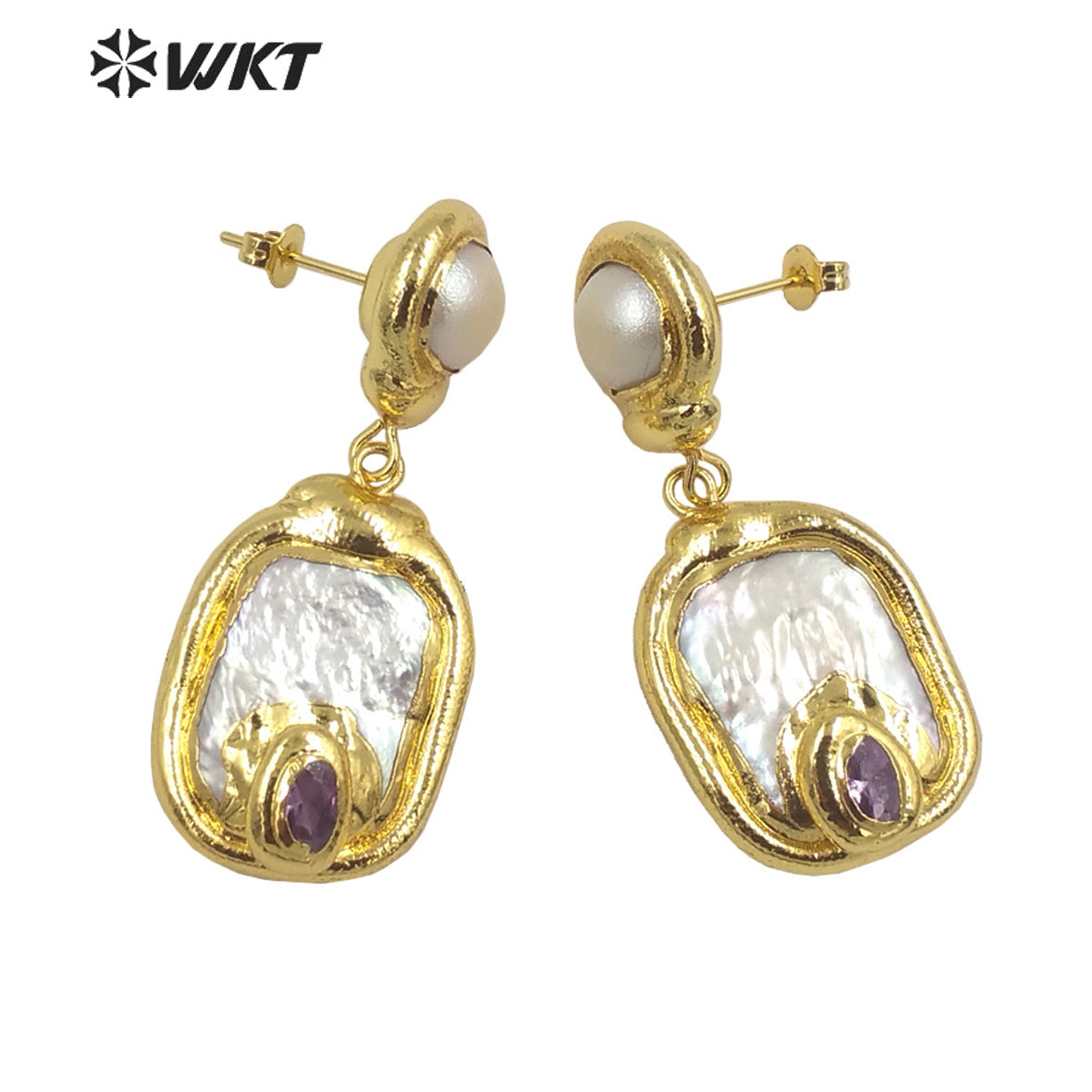 WT-MPE113 European and American Retro Exaggerated Inlaid with Natural Freshwater Pearl Pendant Earrings