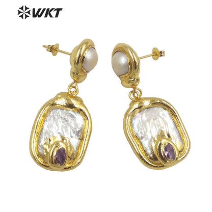 WT-MPE113 European and American Retro Exaggerated Inlaid with Natural Freshwater Pearl Pendant Earrings