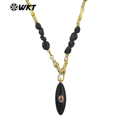 WT-N1521 Beautiful Fashion Metal Splicing Stone Beads Chain With Natural Gemstones Long Pendant Necklaces As Female Matching