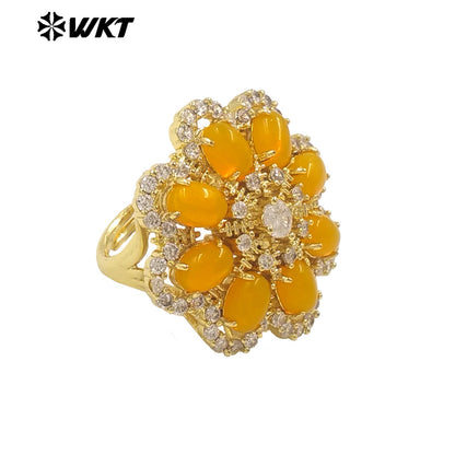 WT-R542 Wholesale Fashion Gold Micro Pave Cubic Zircon With Natural Gemstone Setting Beautiful Women Flower Ring