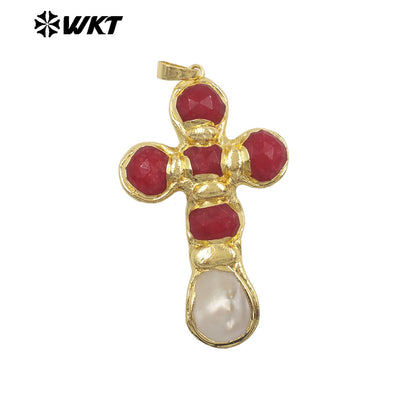 WT-JP449 Newest Labradorite Natural Stones And White Shell Spliced 18K Gold Plated Cross Pendants As Unique Jewelry Gift