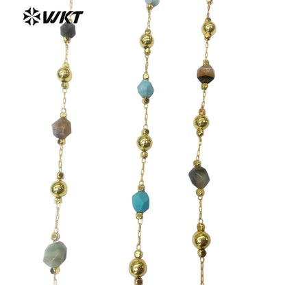 WT-RBC134 Wholesale Natural Stone Beads Chain Women Gold Plated Stone Beads Rosary Chain for Jewelry Making Jewelry Beads Chain