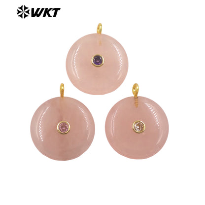 WT-P2086 Good Quality Amethyst Various Natural Gemstone And Zircon Round Gold Pendant For Simple Style Necklace Earring Making