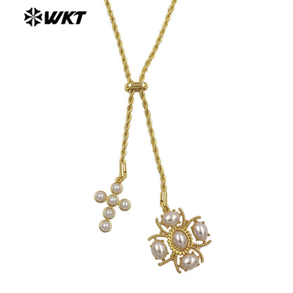 WT-JFN52 Elegant Style Brass And Artificial Pearl Gold Plated Cross Heart Shape Charms Metal Necklace For Friends Romantic Gift
