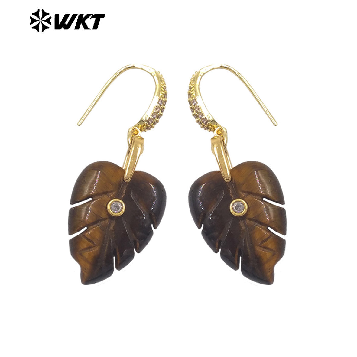WT-E829 Wholesale Popular Zircon And Colorful Natural Gemstones Carved Leaf Shape Gold Earrings For Women Lovely Jewelry