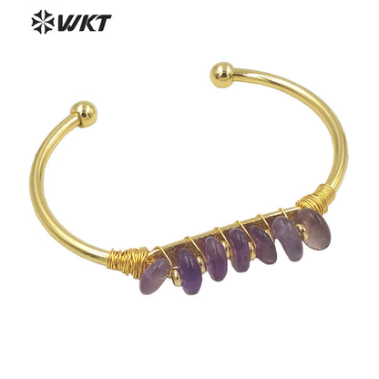 WT-B580 WKT Lovely Popular Gold Electroplated Open Size Cuff Bangle Women Bohemian Natural Gemstone Beads Wire Wrapped Bangle