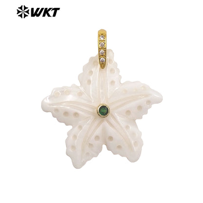 WT-JP521 Lovely Interesting Zircon And Natural White Shell Starfish Shape Gold Pendant For Women Handmade Jewelry Decorative
