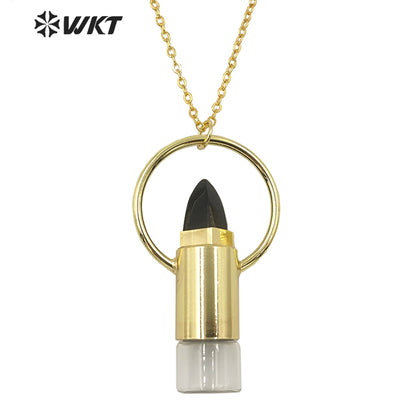 WT-N1295 WKT Women Bohemian Style Gold Plated Roll Gemstone Perfume Bottle Necklace Big Healing Stone Quartz Perfume Bottle