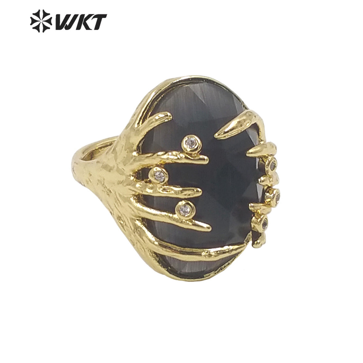 WT-R453 Wholesale Fashion Gold Bezel Claw Setting Oval Stone Ring Women Unique Trendy Cat Eye Stone Made Jewelry Party Ring